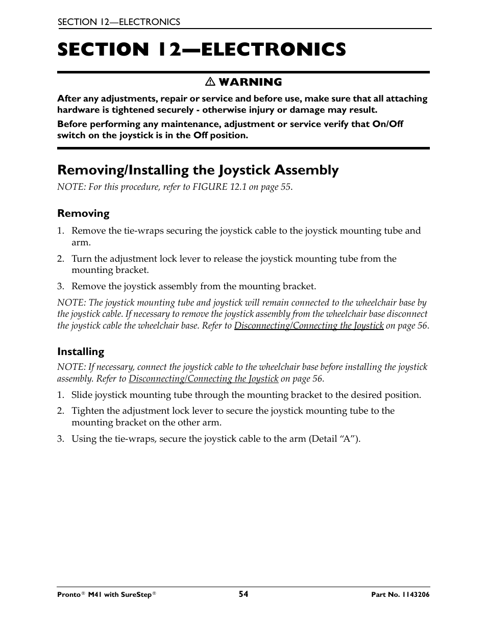 Section 12—electronics, Removing/installing the joystick assembly | Activeforever Invacare Pronto M41 Power Wheelchair with Semi Recline Seat User Manual | Page 54 / 69