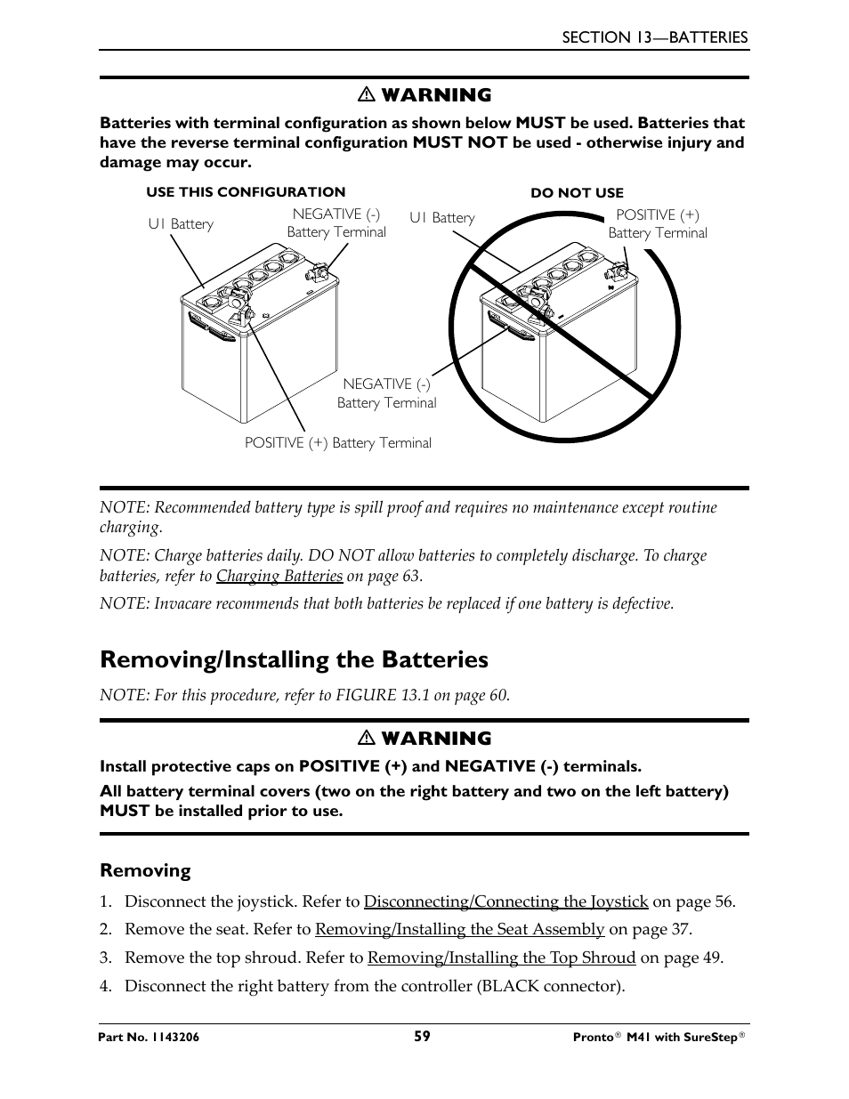 Removing/installing the batteries | Activeforever Invacare Pronto M41 Power Wheelchair with Semi Recline Seat User Manual | Page 59 / 69