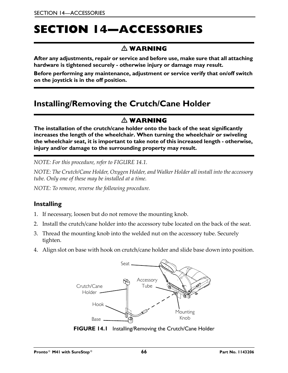 Section 14—accessories, Installing/removing the crutch/cane holder | Activeforever Invacare Pronto M41 Power Wheelchair with Semi Recline Seat User Manual | Page 66 / 69