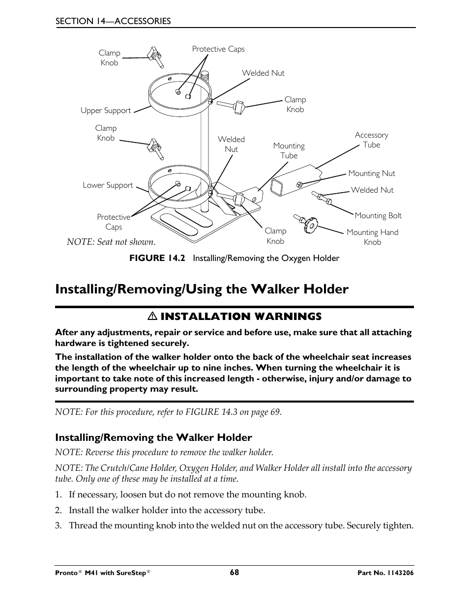 Installing/removing/using the walker holder | Activeforever Invacare Pronto M41 Power Wheelchair with Semi Recline Seat User Manual | Page 68 / 69