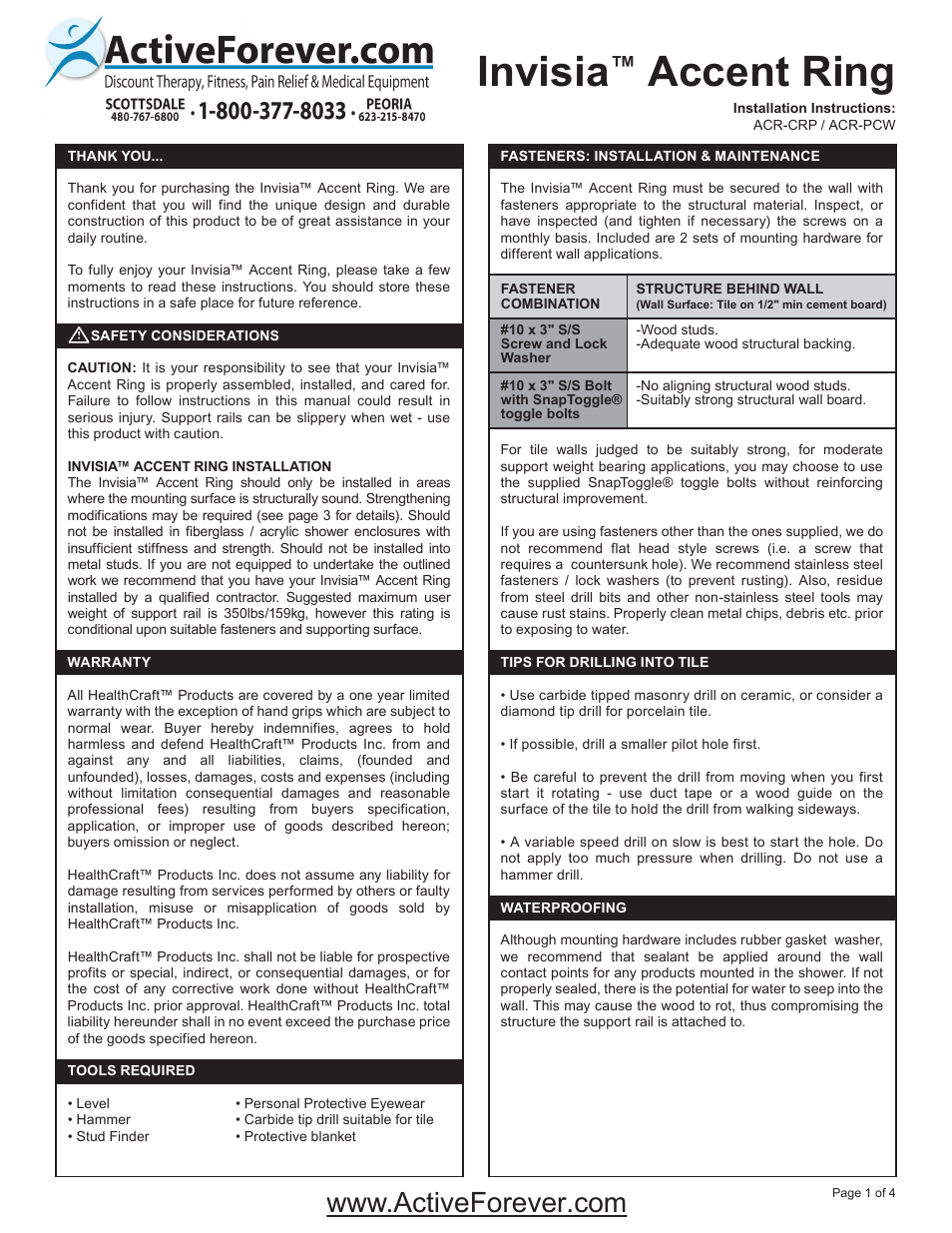 Activeforever Invisia Collection Accent Ring Support Rail User Manual | 4 pages