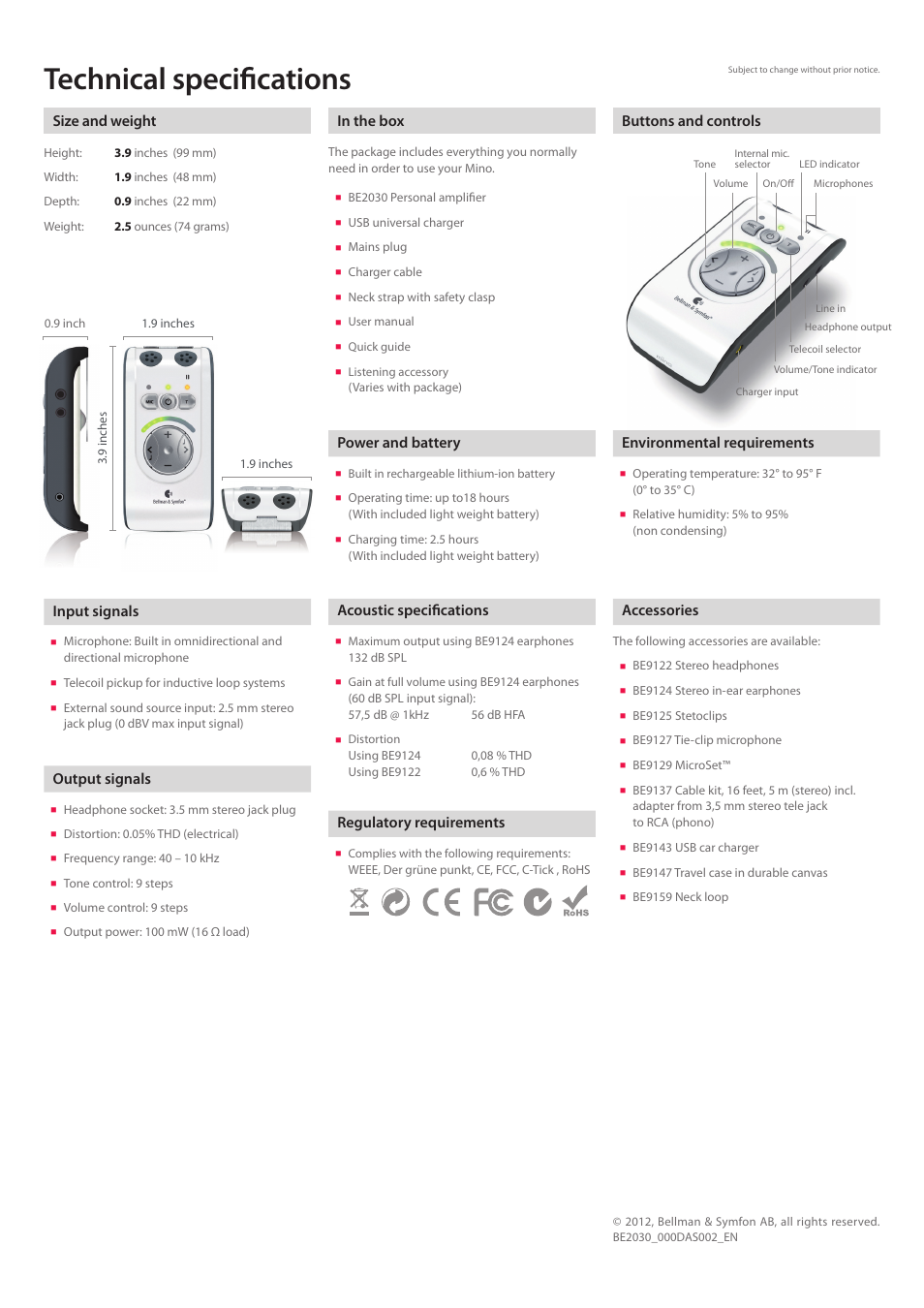 Technical specifications, Buttons and controls in the box, Size and weight | Power and battery, Acoustic specifications, Regulatory requirements, Input signals, Output signals, Environmental requirements, Accessories | Activeforever Bellman & Symfon Mino Digital Personal Amplifier User Manual | Page 2 / 3