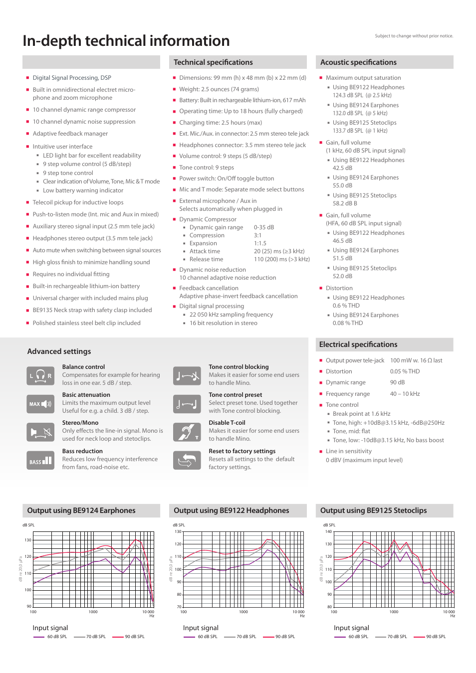 In-depth technical information, Features, Advanced settings | Output using be9124 earphones, Technical specifications, Electrical specifications, Output using be9125 stetoclips | Activeforever Bellman & Symfon Mino Digital Personal Amplifier User Manual | Page 3 / 3