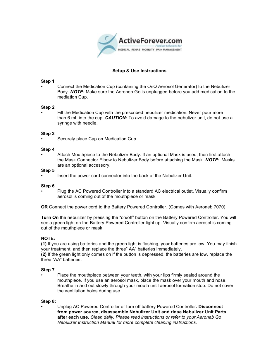 Activeforever Aeroneb Go 7030 Micropump Nebulizer User Manual | 1 page