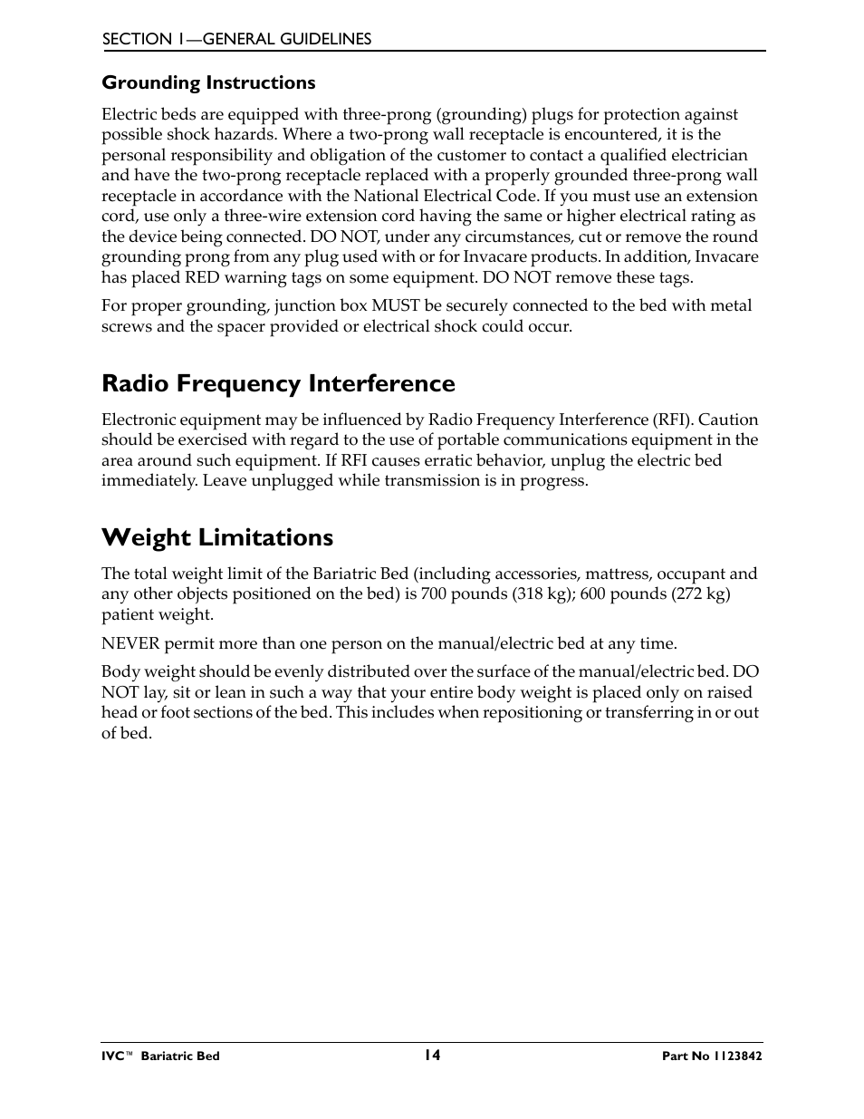 Grounding instructions, Radio frequency interference, Weight limitations | Radio frequency interference weight limitations | Activeforever Invacare Bariatric Electric Hospital Bed (Bariatric Home Care Hospital Bed) User Manual | Page 14 / 40