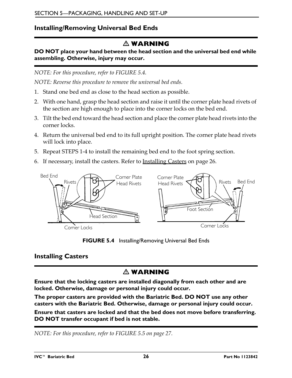 Installing/removing universal bed ends, Installing casters, Installing/removing universal bed ends on | To installing/removing universal bed ends on | Activeforever Invacare Bariatric Electric Hospital Bed (Bariatric Home Care Hospital Bed) User Manual | Page 26 / 40