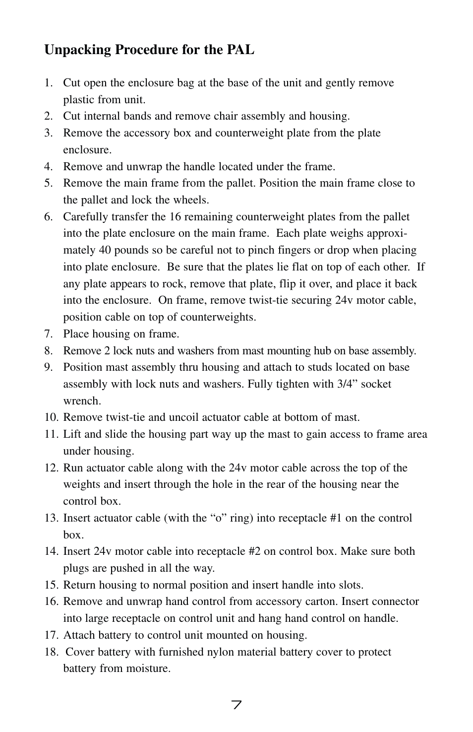 Unpacking procedure for the pal | Activeforever PAL 1000 Portable Aquatic Pool Lift User Manual | Page 8 / 21