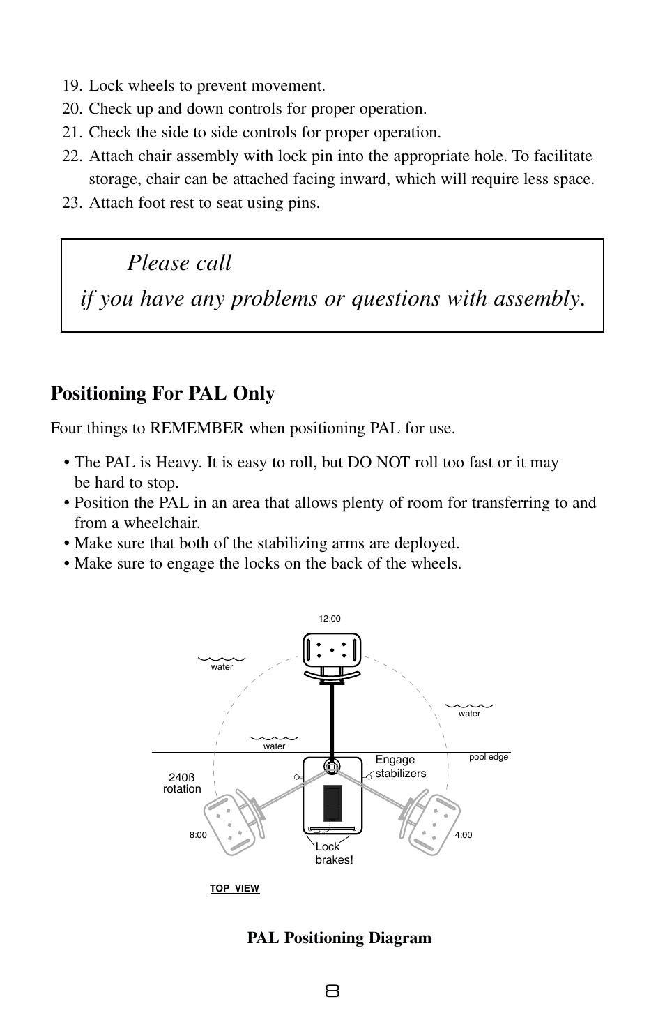 Positioning for pal only, Pal positioning diagram | Activeforever PAL 1000 Portable Aquatic Pool Lift User Manual | Page 9 / 21