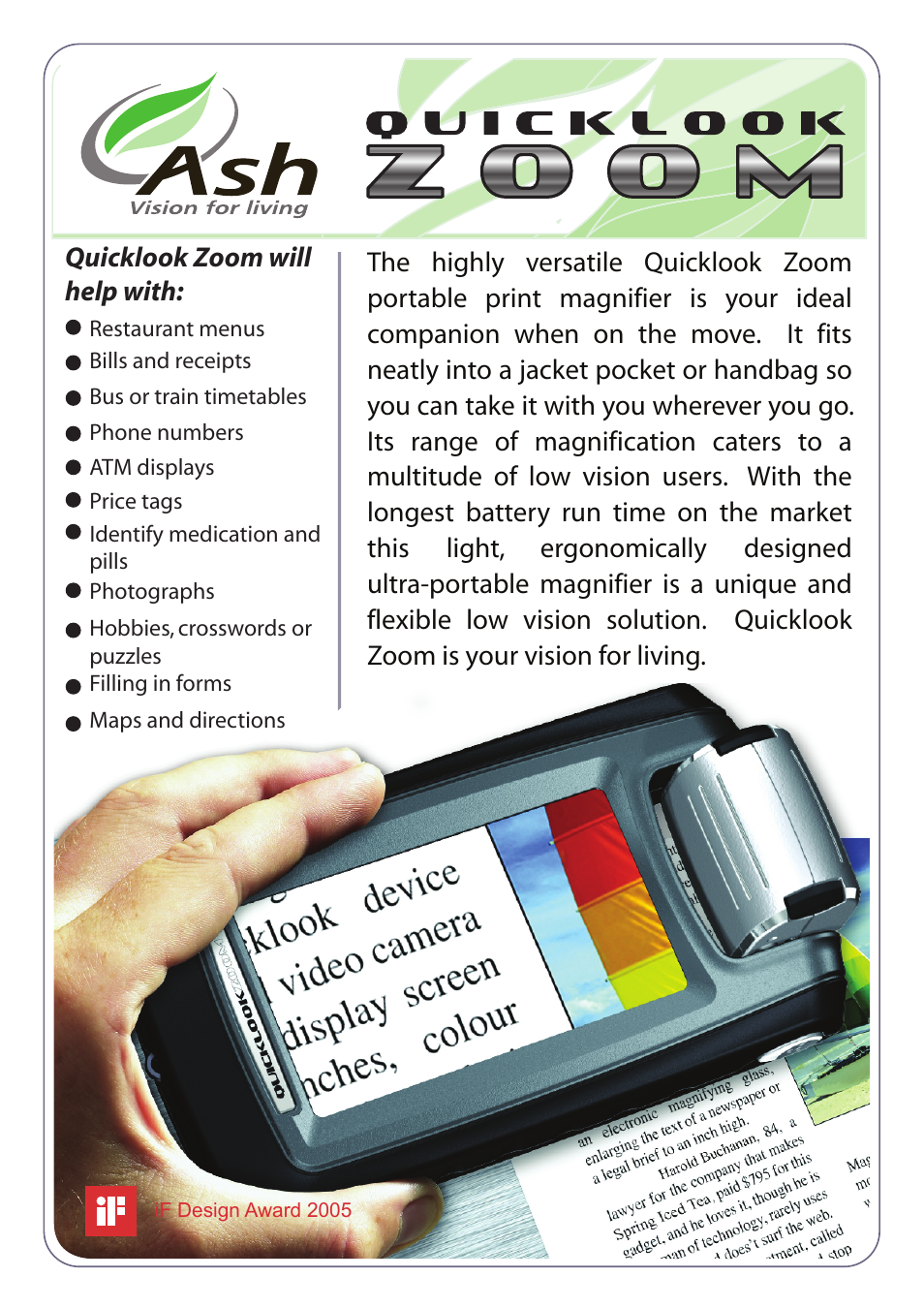 Activeforever QuickLook Zoom Portable Video Magnifier User Manual | 2 pages