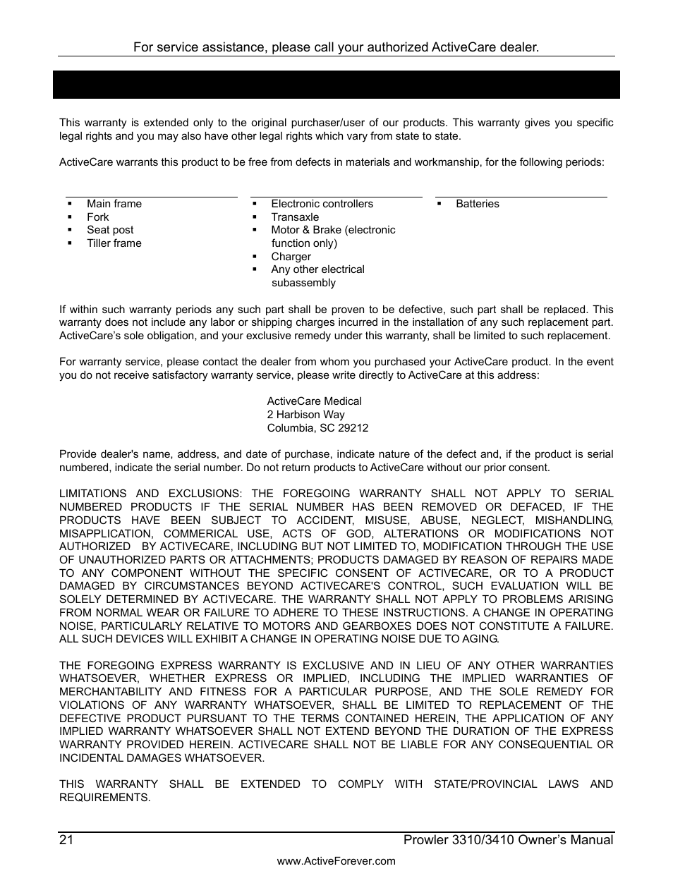 Limited warranty | Activeforever ActiveCare Prowler 3310 Mobility Scooter User Manual | Page 22 / 24