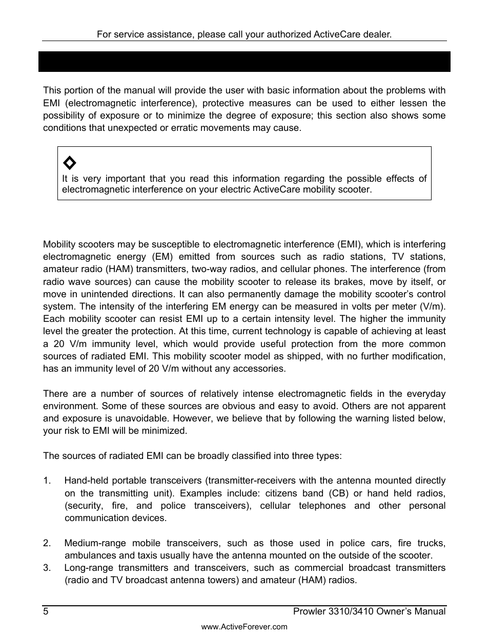 Electromagnetic interference (emi) | Activeforever ActiveCare Prowler 3310 Mobility Scooter User Manual | Page 6 / 24