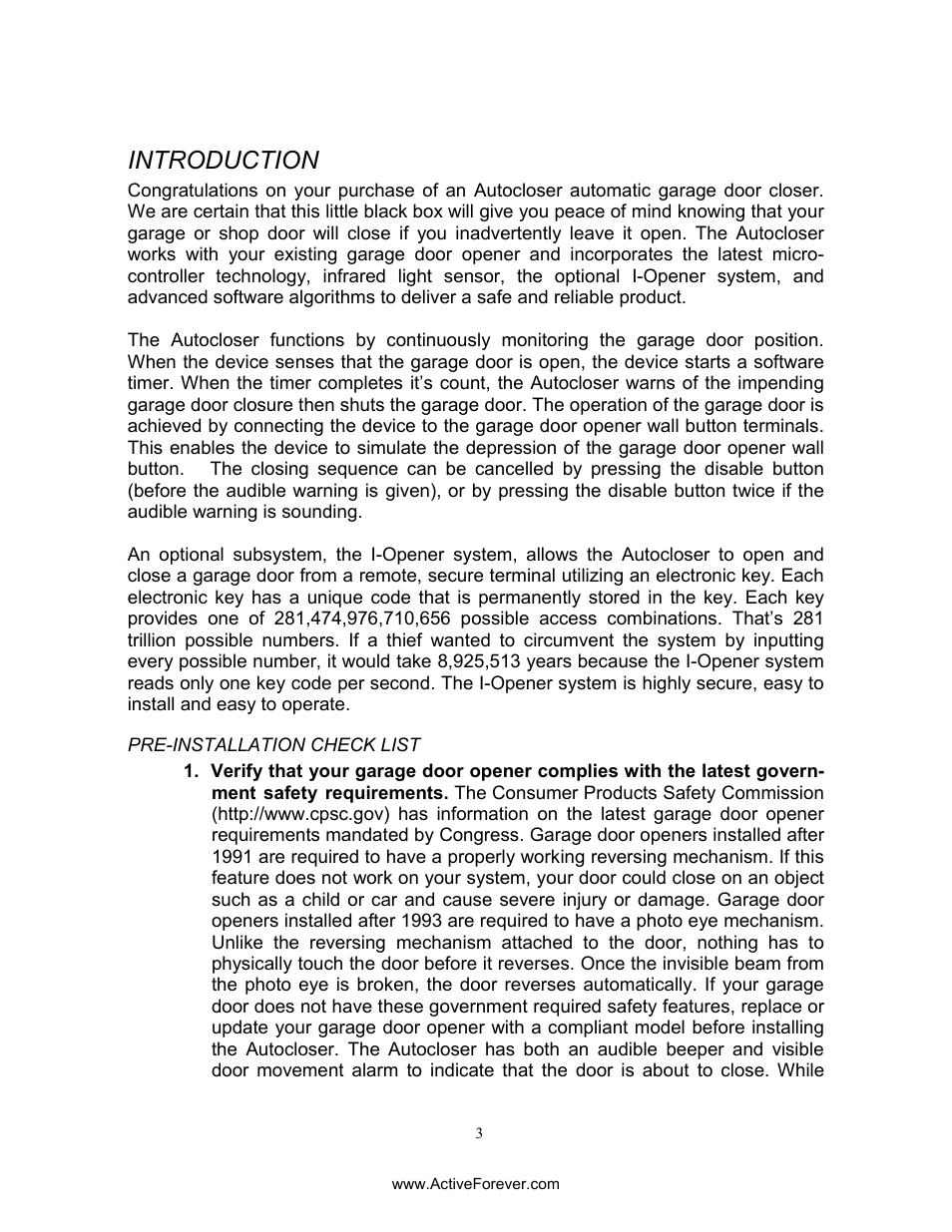 Introduction | Activeforever AutoCloser Automatic Garage Door Closer User Manual | Page 3 / 28