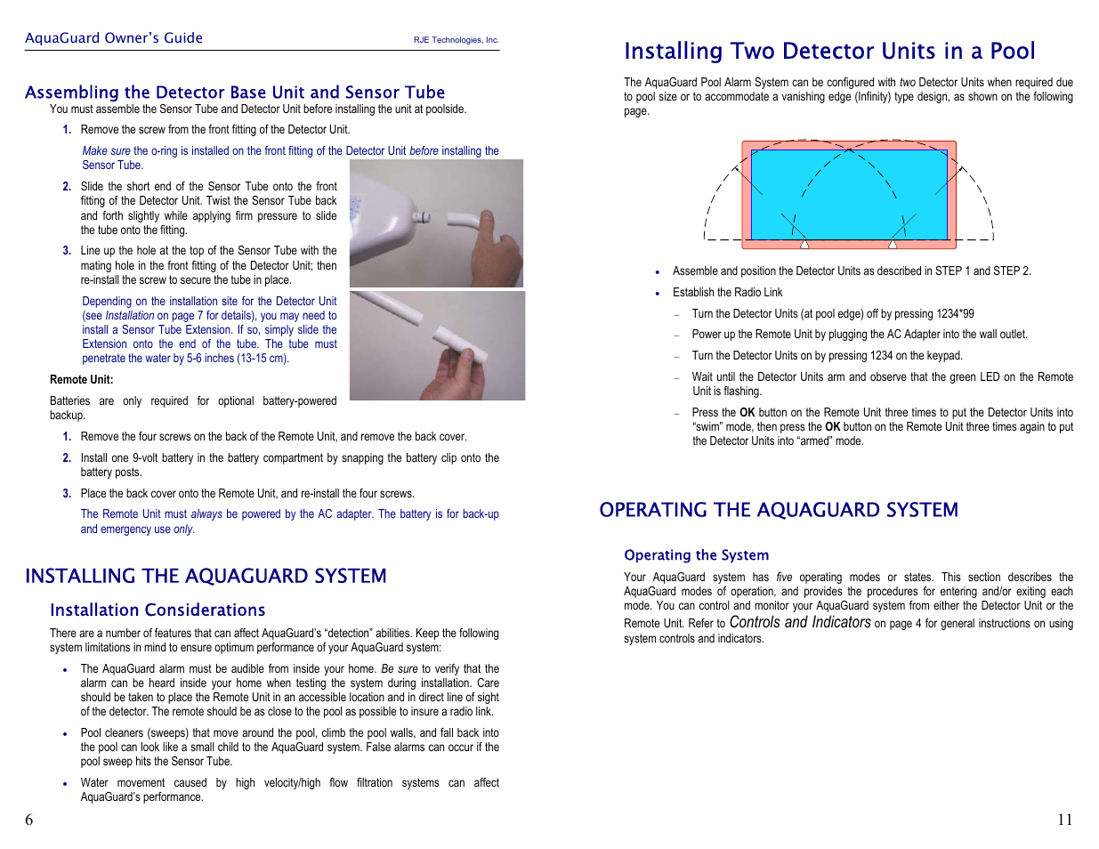 Installing two detector units in a pool, Installing the aquaguard system, Operating the aquaguard system | 6assembling the detector base unit and sensor tube, Installation considerations, Controls and indicators | Activeforever Aquaguard Pool Alarm System User Manual | Page 8 / 10