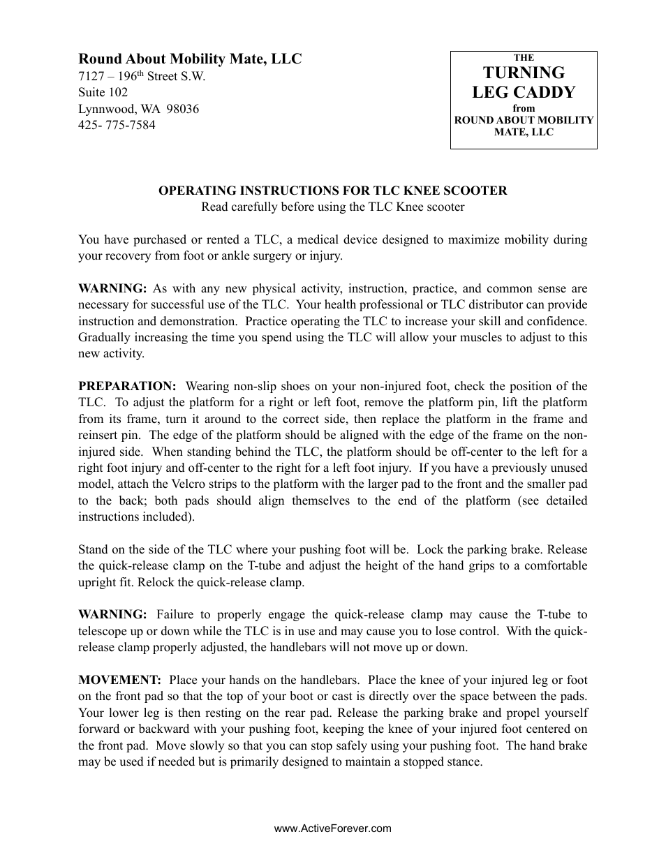 Activeforever Turning Leg Caddy Pilot Knee Walker User Manual | 2 pages