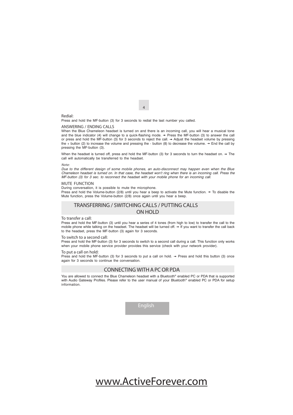 Blue-chameleon-manual 6, Connecting with a pc or pda, English | Activeforever Mr Handsfree Blue Chameleon Bluetooth Headset User Manual | Page 6 / 13