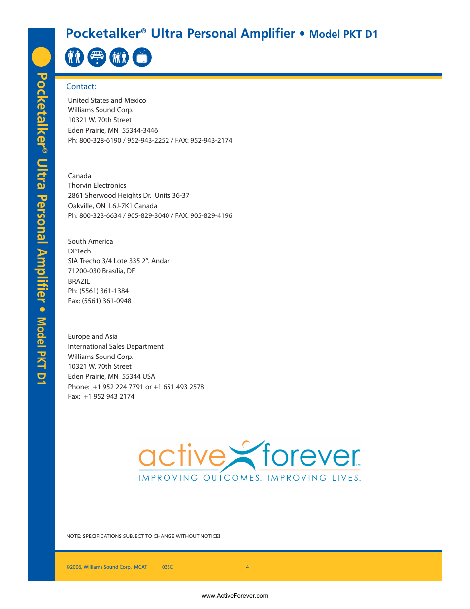 Pocketalker, Ultra personal amplifier, Model pkt d1 | Activeforever Pocket Talker Ultra System User Manual | Page 4 / 4