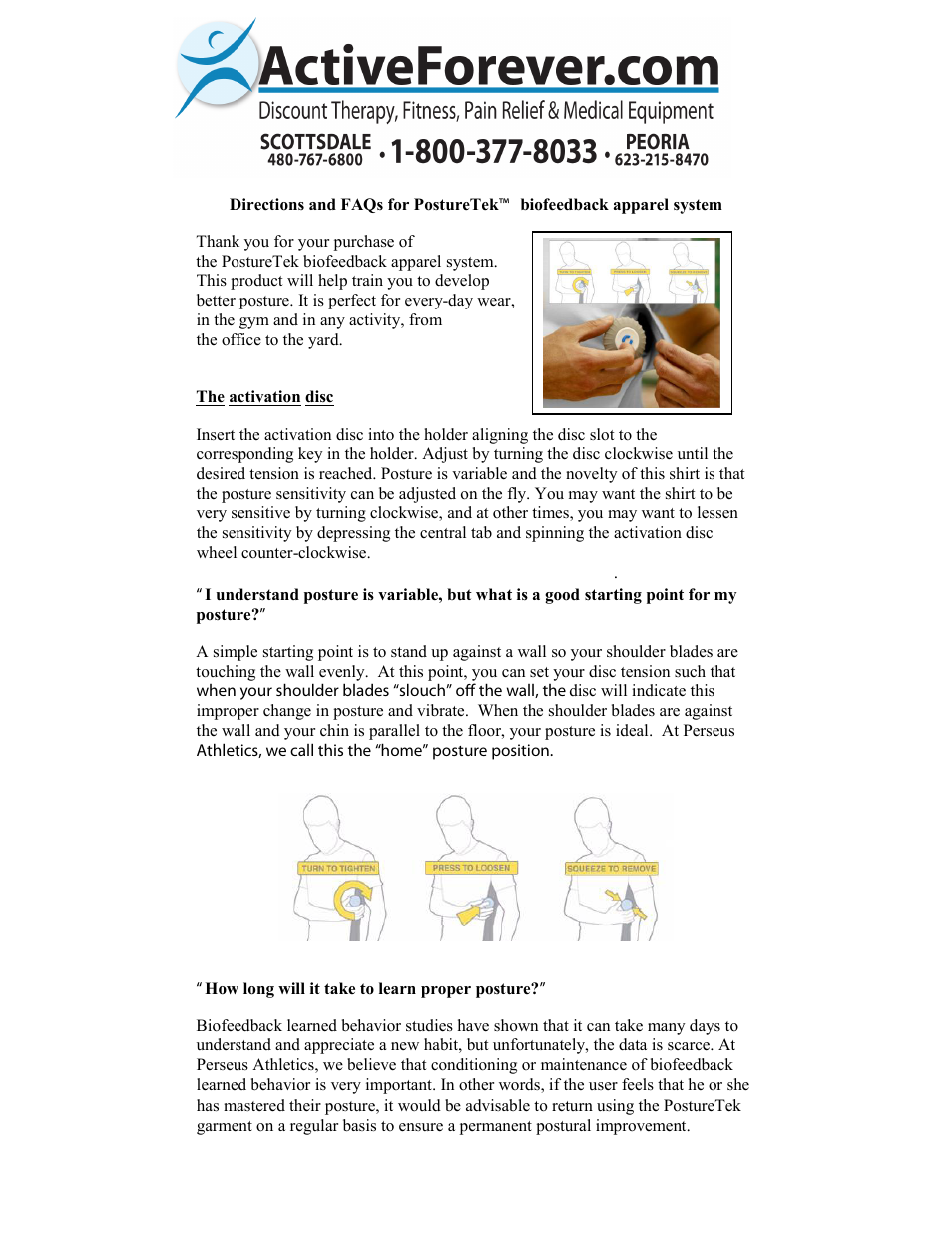 Activeforever PostureTek Biofeedback Apparel System User Manual | 2 pages
