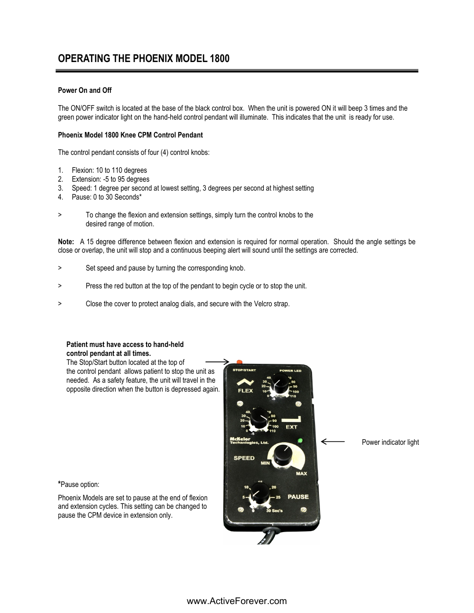Operating the phoenix model 1800 | Activeforever Phoenix Model 1850 Knee CPM User Manual | Page 10 / 21