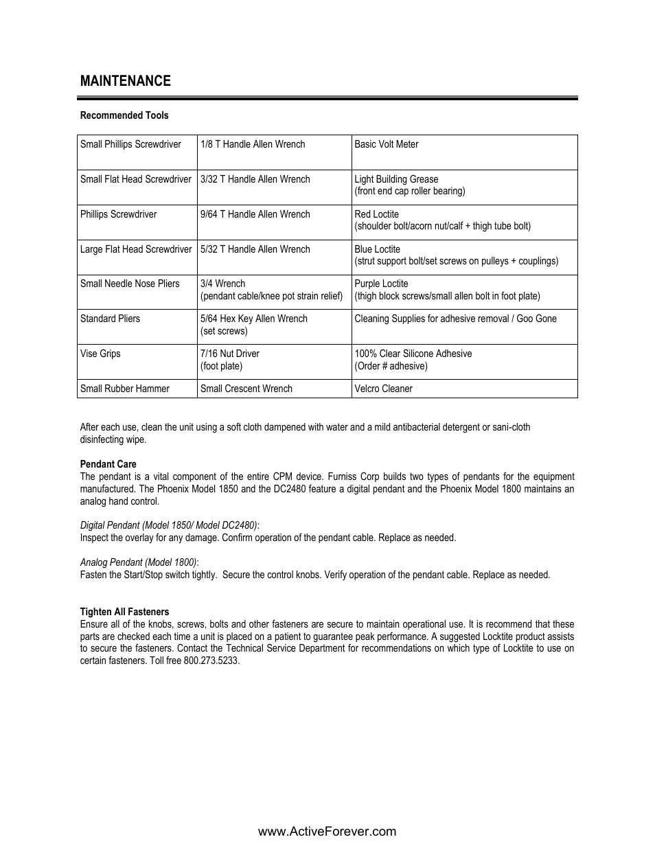 Maintenance | Activeforever Phoenix Model 1850 Knee CPM User Manual | Page 11 / 21