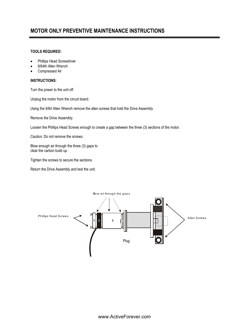 Motor only preventive maintenance instructions | Activeforever Phoenix Model 1850 Knee CPM User Manual | Page 13 / 21