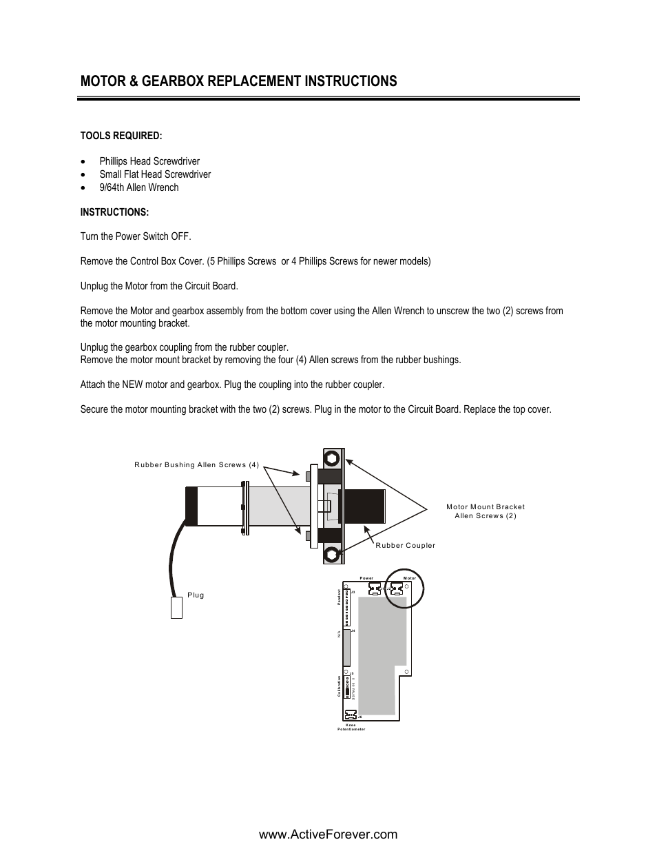 Motor & gearbox replacement instructions, R ep lacin g the m o to r & g earb o x, 1 90 3 lm | Activeforever Phoenix Model 1850 Knee CPM User Manual | Page 14 / 21
