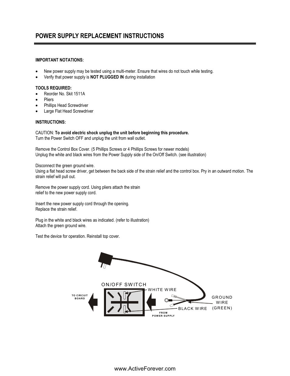 Power supply replacement instructions | Activeforever Phoenix Model 1850 Knee CPM User Manual | Page 15 / 21