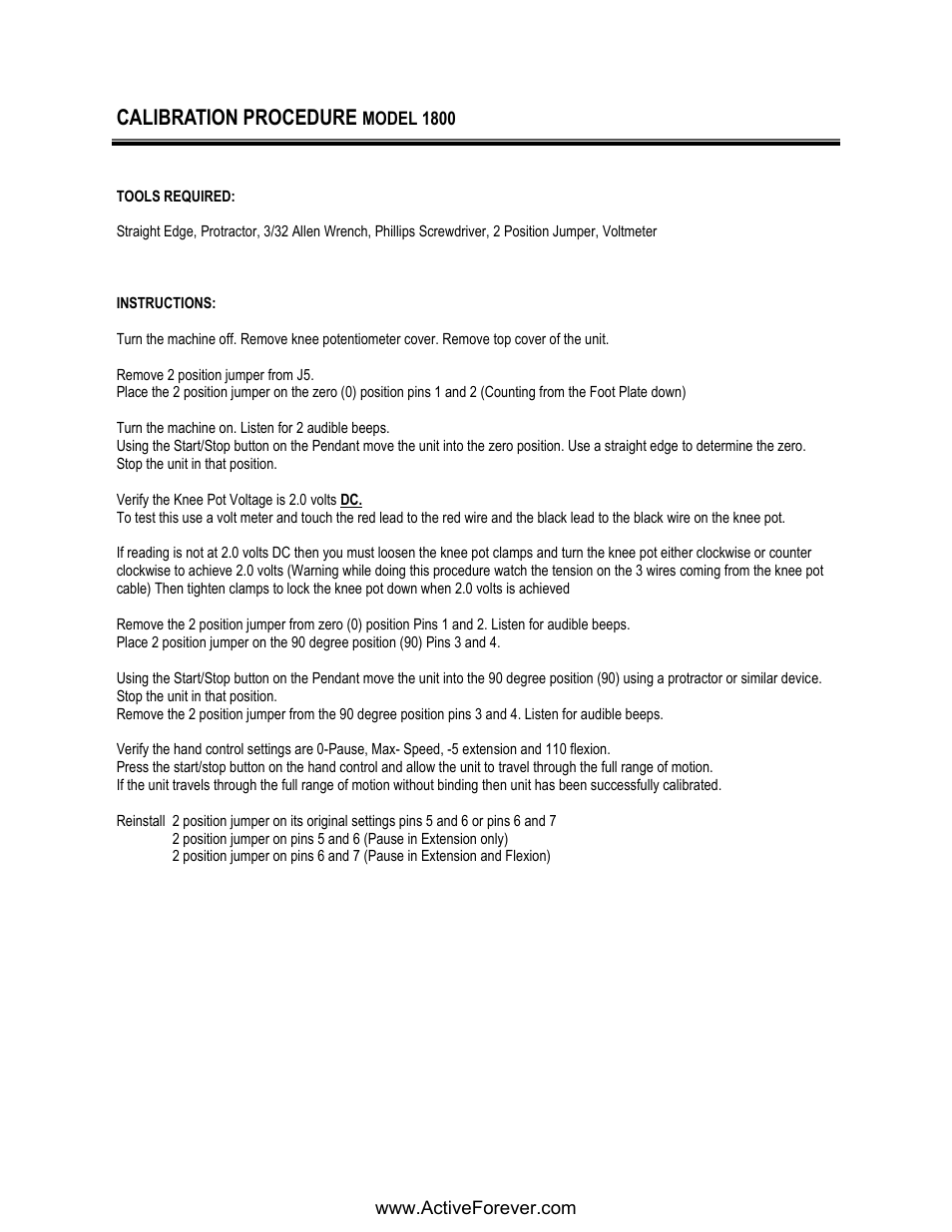 Calibration procedure | Activeforever Phoenix Model 1850 Knee CPM User Manual | Page 19 / 21