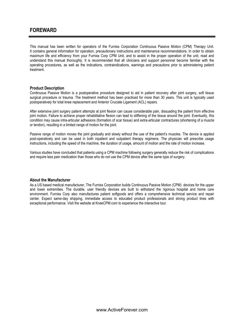 Foreward | Activeforever Phoenix Model 1850 Knee CPM User Manual | Page 2 / 21