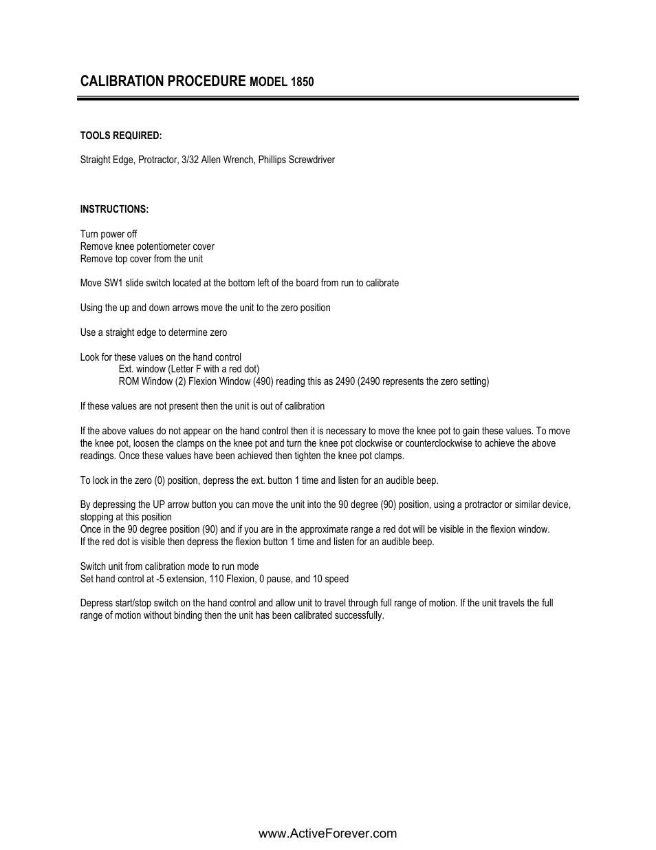 Calibration procedure | Activeforever Phoenix Model 1850 Knee CPM User Manual | Page 20 / 21