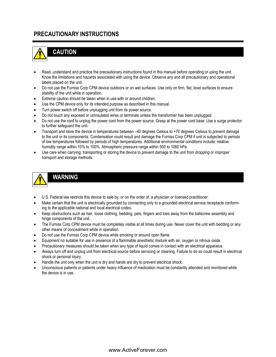 Precautionary instructions, Caution, Warning | Activeforever Phoenix Model 1850 Knee CPM User Manual | Page 3 / 21