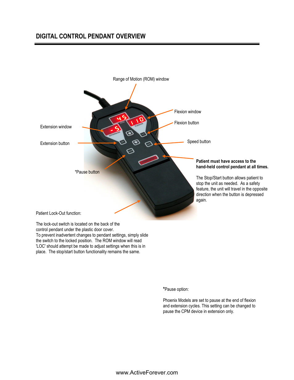 Digital control pendant overview | Activeforever Phoenix Model 1850 Knee CPM User Manual | Page 9 / 21