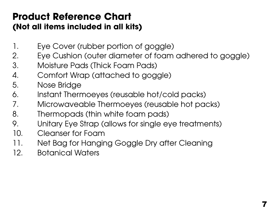 Product reference chart | Activeforever TranquilEyes Mini Travel Kit User Manual | Page 7 / 27