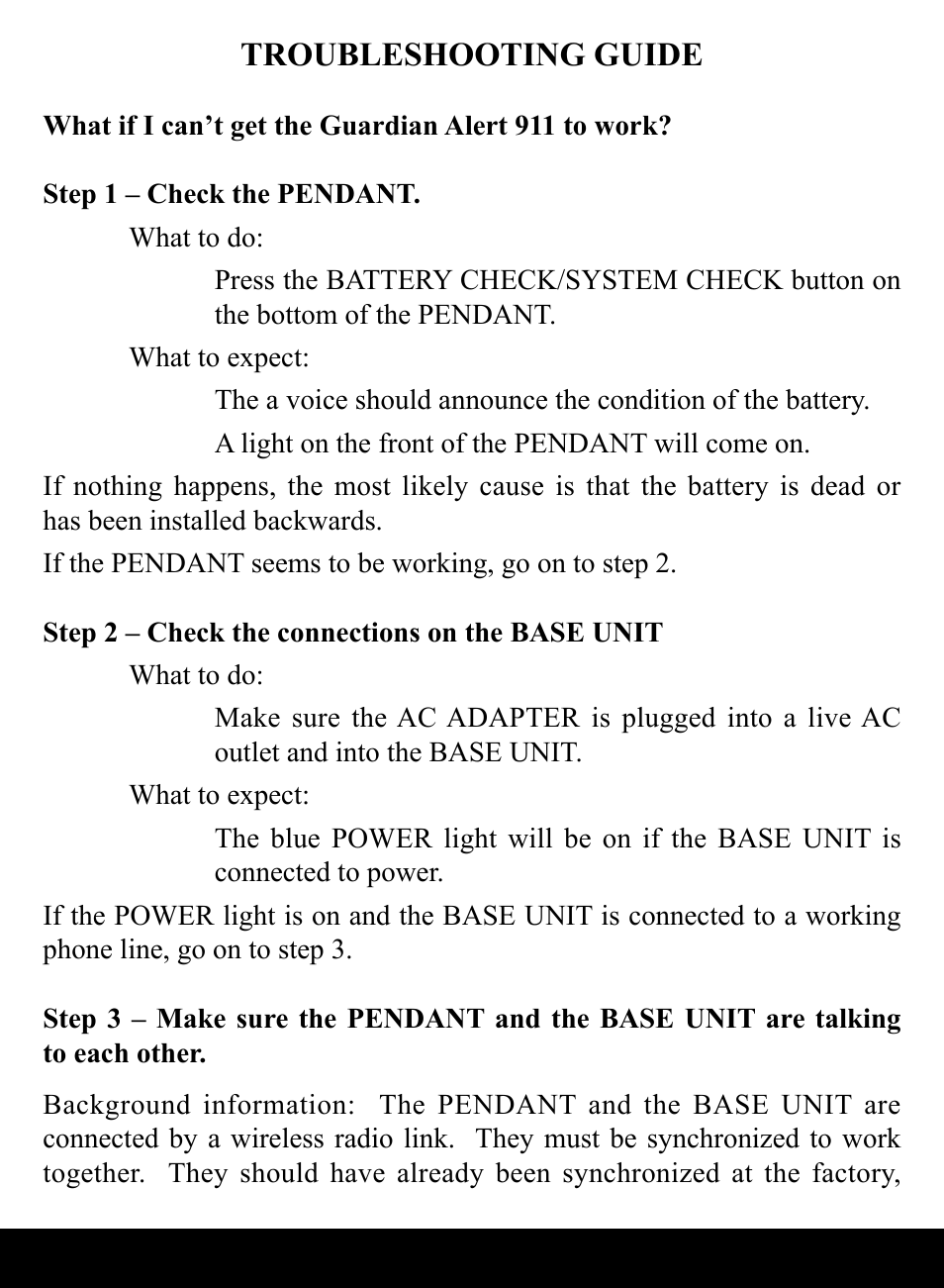 Troubleshooting guide | Activeforever LogicMark Guardian Alert 911 Emergency Alert System User Manual | Page 12 / 15