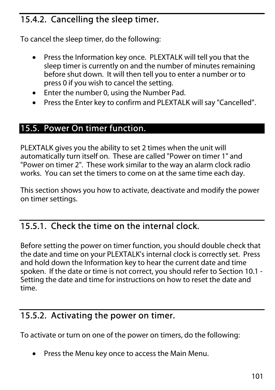 Cancelling the sleep timer, Power on timer function, Check the time on the internal clock | Activating the power on timer | Activeforever Plextalk PTR2 Digital DAISY Player and Recorder User Manual | Page 100 / 235