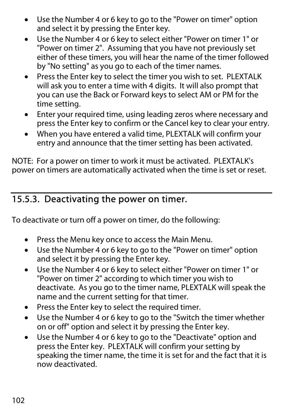 Deactivating the power on timer | Activeforever Plextalk PTR2 Digital DAISY Player and Recorder User Manual | Page 101 / 235