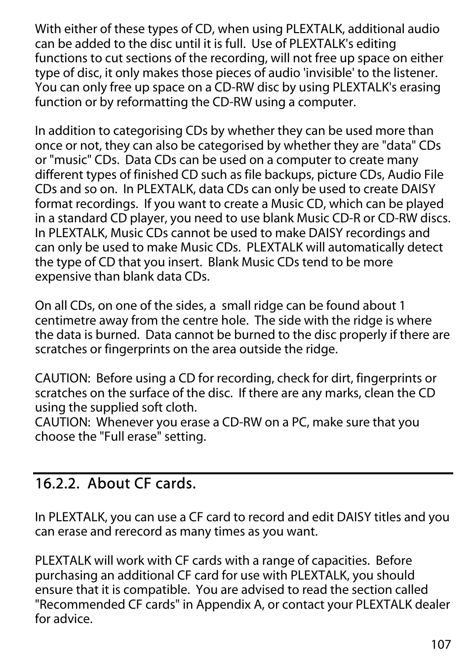 About cf cards | Activeforever Plextalk PTR2 Digital DAISY Player and Recorder User Manual | Page 106 / 235