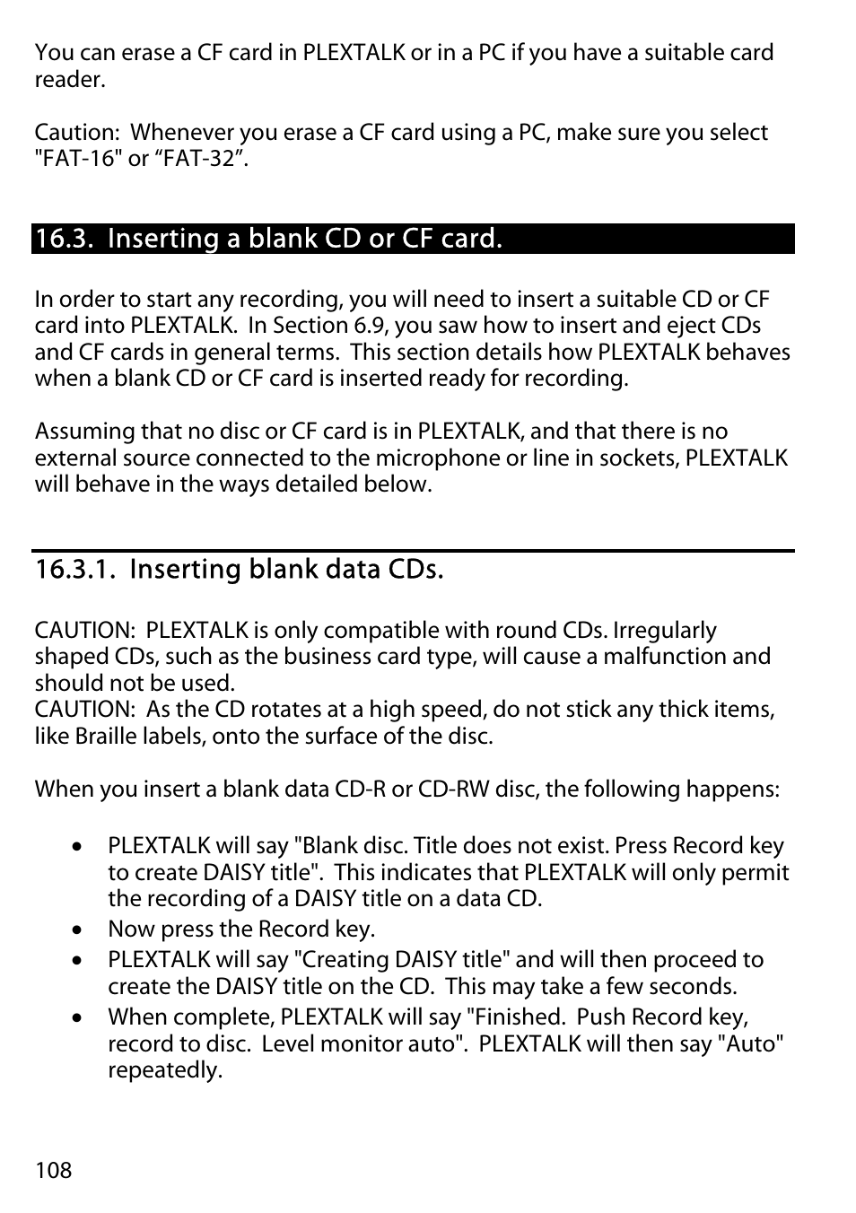 Inserting a blank cd or cf card, Inserting blank data cds | Activeforever Plextalk PTR2 Digital DAISY Player and Recorder User Manual | Page 107 / 235