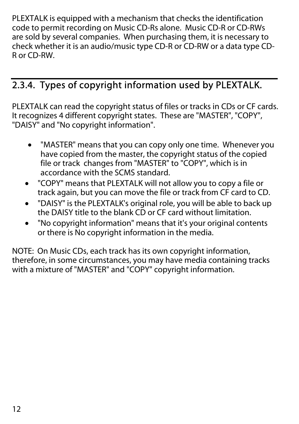 Types of copyright information used by plextalk | Activeforever Plextalk PTR2 Digital DAISY Player and Recorder User Manual | Page 11 / 235