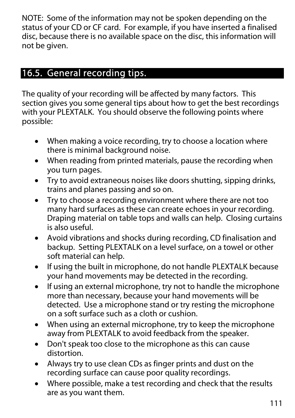 General recording tips | Activeforever Plextalk PTR2 Digital DAISY Player and Recorder User Manual | Page 110 / 235
