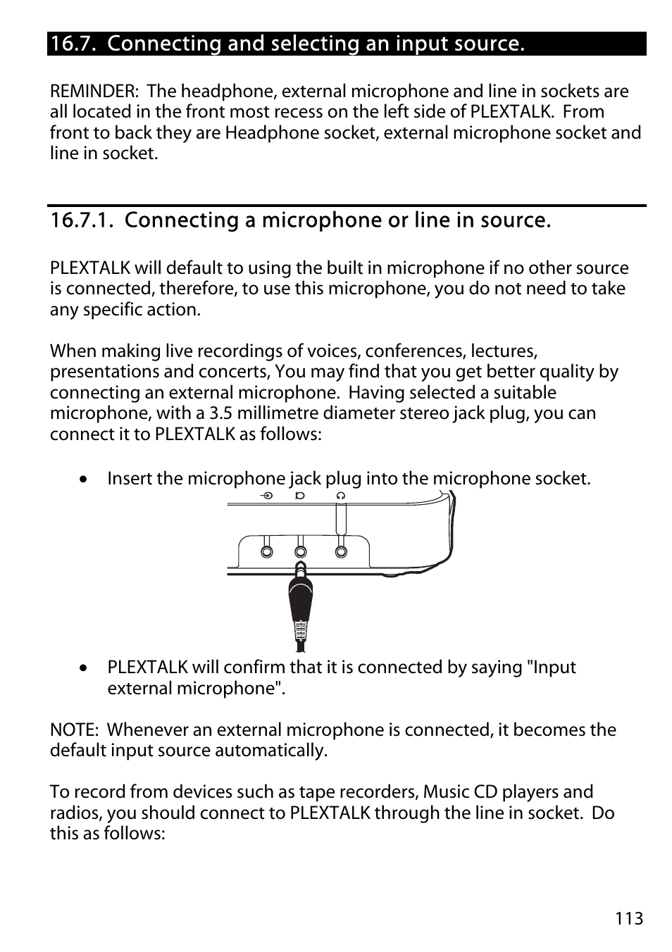 Connecting and selecting an input source, Connecting a microphone or line in source | Activeforever Plextalk PTR2 Digital DAISY Player and Recorder User Manual | Page 112 / 235