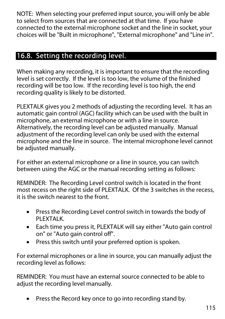 Setting the recording level | Activeforever Plextalk PTR2 Digital DAISY Player and Recorder User Manual | Page 114 / 235