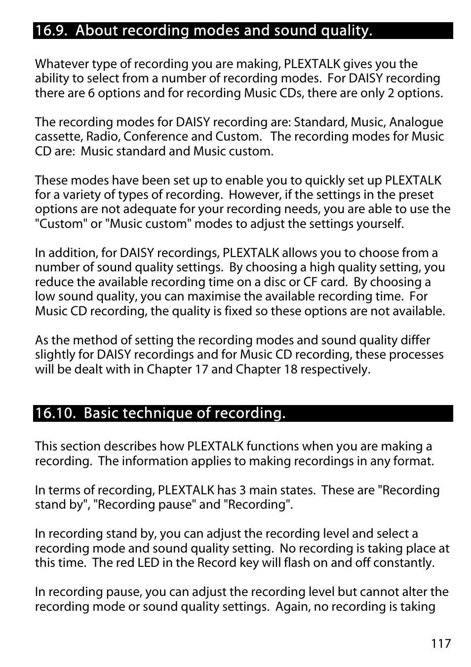 About recording modes and sound quality, Basic technique of recording | Activeforever Plextalk PTR2 Digital DAISY Player and Recorder User Manual | Page 116 / 235