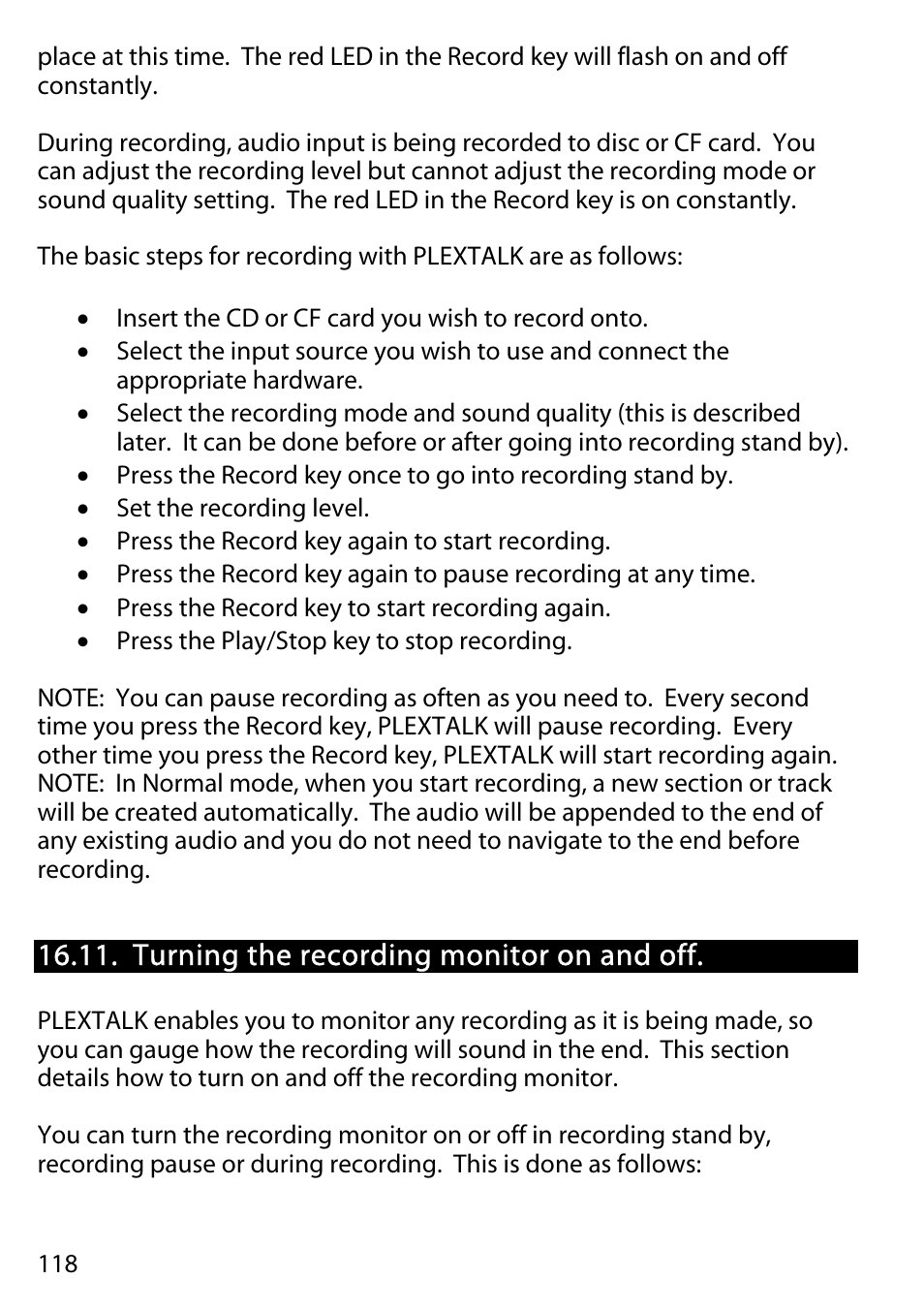 Turning the recording monitor on and off | Activeforever Plextalk PTR2 Digital DAISY Player and Recorder User Manual | Page 117 / 235