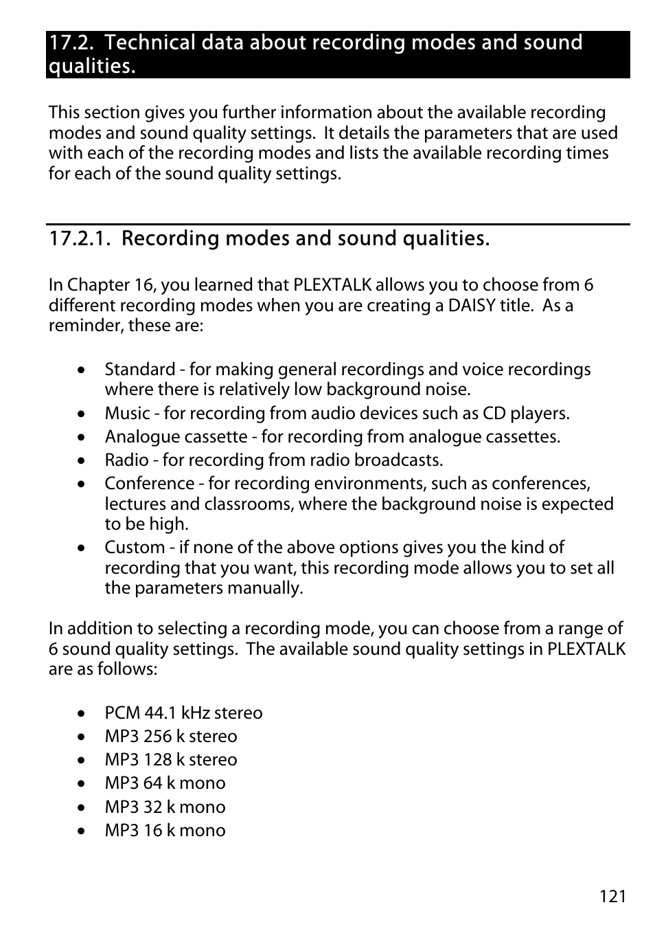 Recording modes and sound qualities | Activeforever Plextalk PTR2 Digital DAISY Player and Recorder User Manual | Page 120 / 235