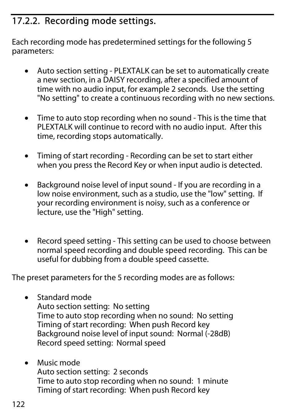 Recording mode settings | Activeforever Plextalk PTR2 Digital DAISY Player and Recorder User Manual | Page 121 / 235