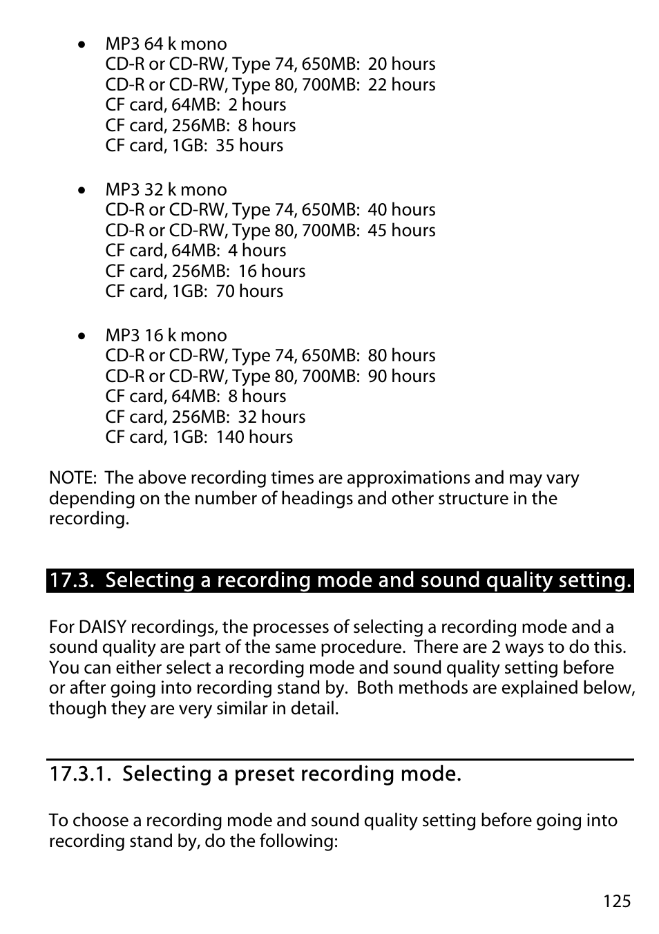 Selecting a preset recording mode | Activeforever Plextalk PTR2 Digital DAISY Player and Recorder User Manual | Page 124 / 235