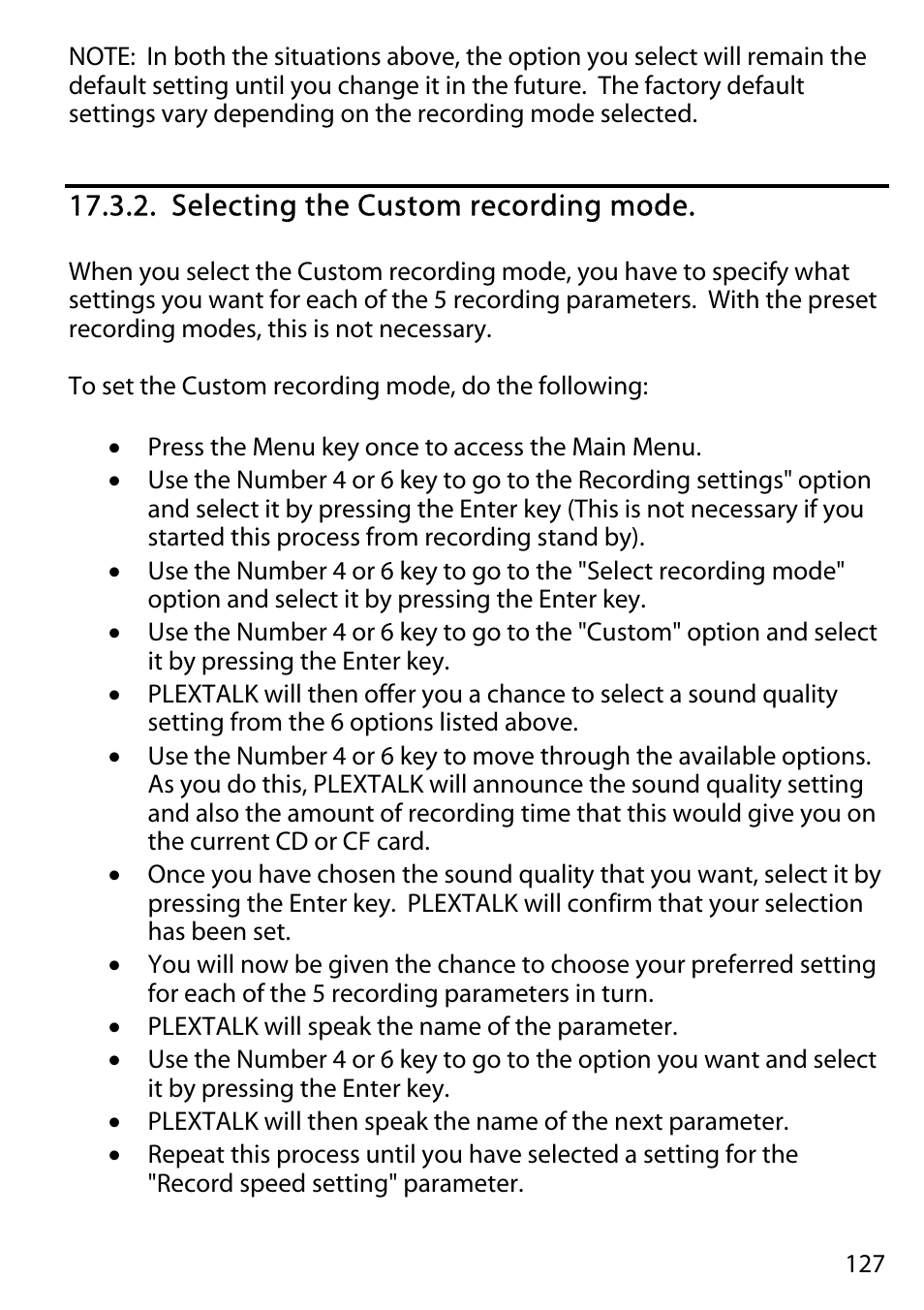 Selecting the custom recording mode | Activeforever Plextalk PTR2 Digital DAISY Player and Recorder User Manual | Page 126 / 235