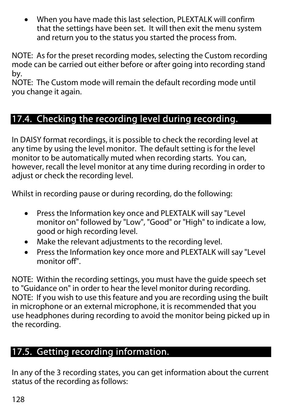 Checking the recording level during recording, Getting recording information | Activeforever Plextalk PTR2 Digital DAISY Player and Recorder User Manual | Page 127 / 235