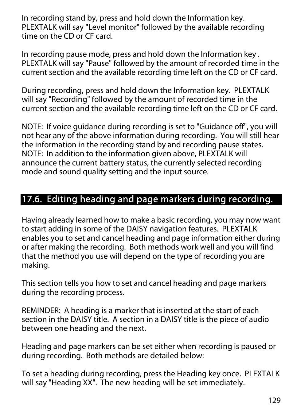 Editing heading and page markers during recording | Activeforever Plextalk PTR2 Digital DAISY Player and Recorder User Manual | Page 128 / 235