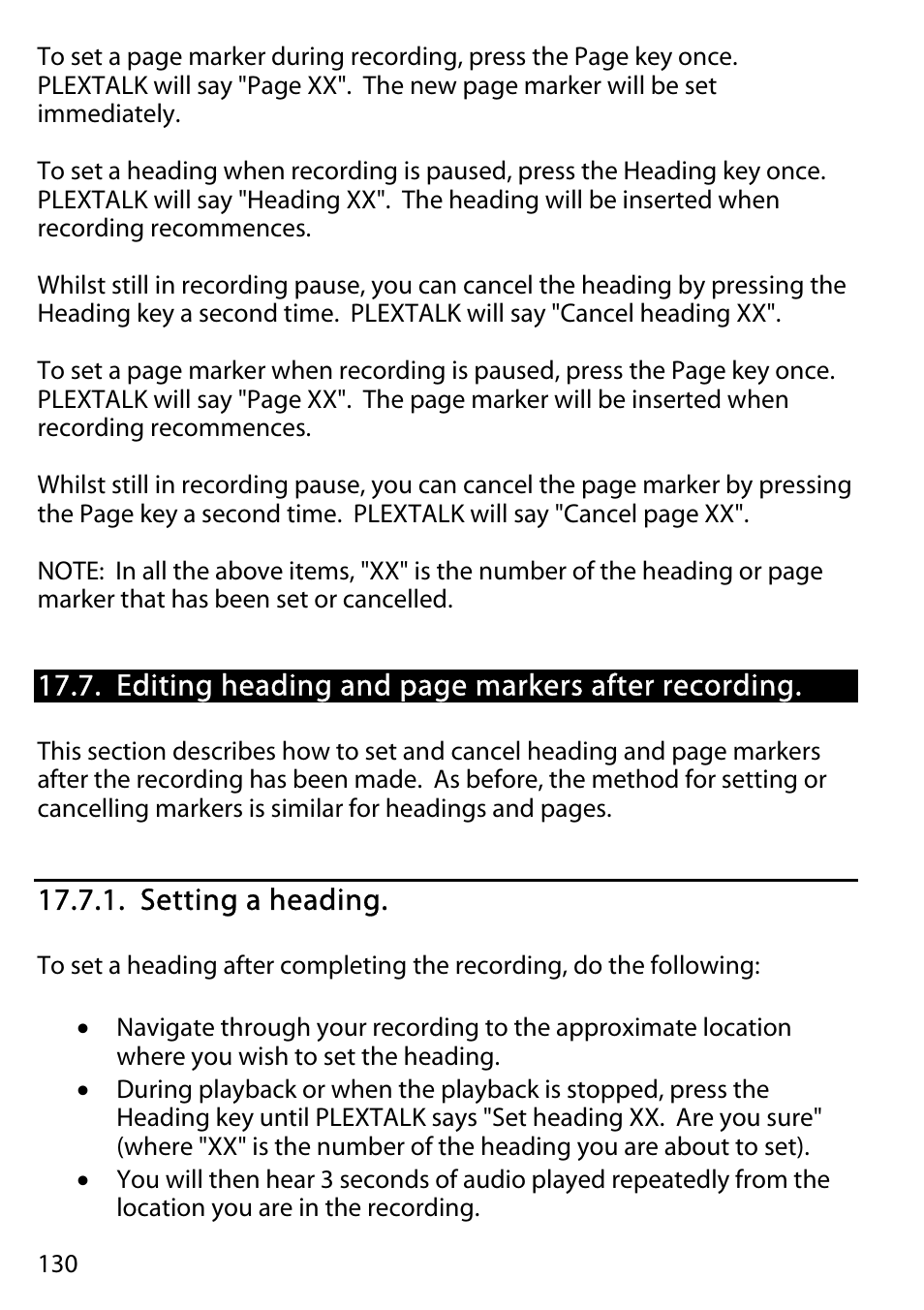 Editing heading and page markers after recording, Setting a heading | Activeforever Plextalk PTR2 Digital DAISY Player and Recorder User Manual | Page 129 / 235